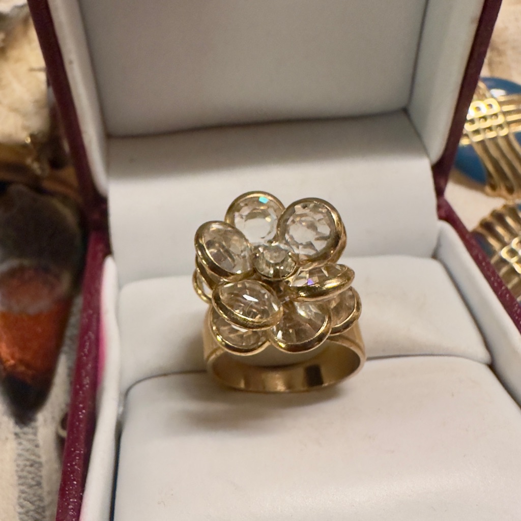 Vintage Joseph Esposito Genuine Clear Bezel Crystal 14kt Gold Ge Flower Ring S6